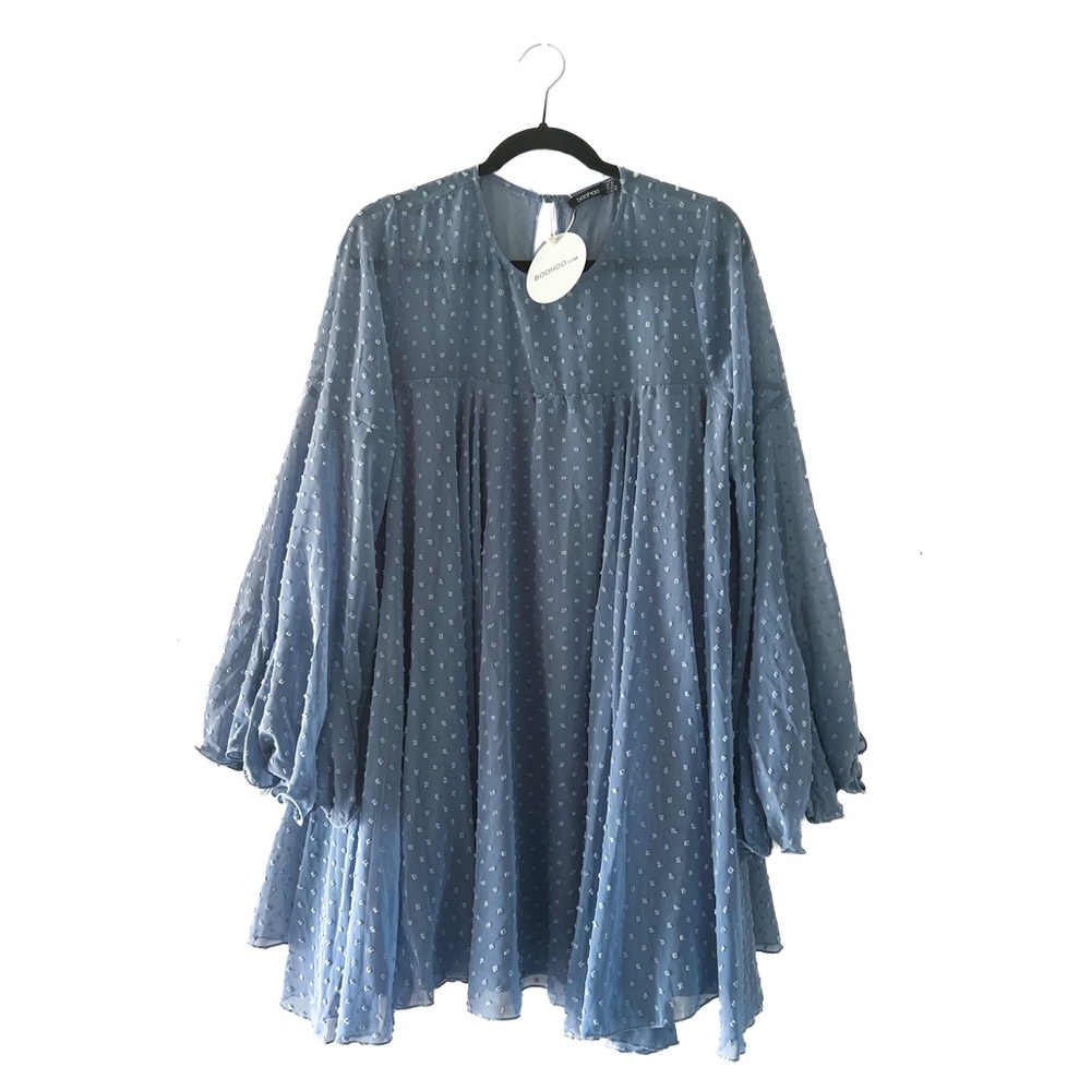 BooHoo - Dobby Mesh Pleated Detail Long Sleeve Smock Dress (Blue, 10)